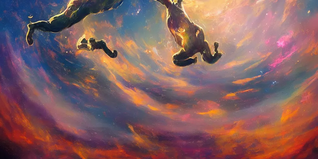 Image similar to abstract painting illustrating a creature jumping from the edge of a planet, its hands are reaching for something in the sky. no details, fantasy art, artstation, trending, ultra detailed, emotional