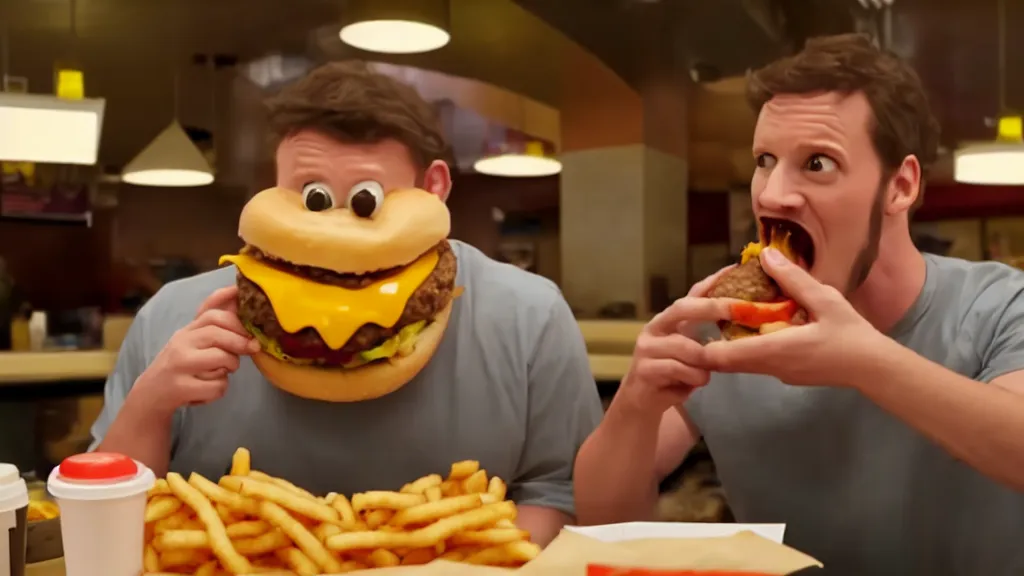 Prompt: the strange creature eats a cheeseburger, at the fast food restaurant, television commercial, directed by david cronenberg studio lighting, extremely professional