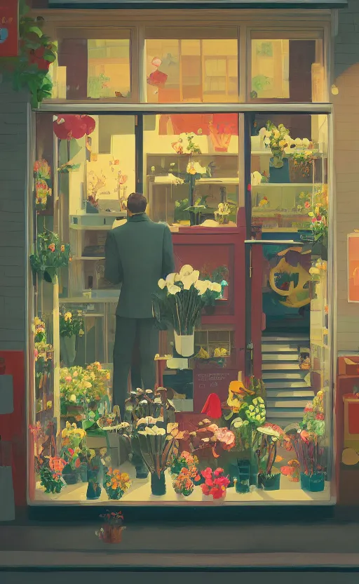 Prompt: cute cozy flower shop, surreal illustration, by atey ghailan and escher and edward hopper