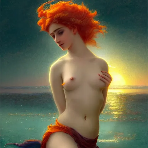 Image similar to a beautiful stunning interesting detailed fantasy whimsical matte digital portrait illustration of a mermaid with turqoise hair, yellow-orange and red-violet sunset, spectacular sunset, in the style of William Adolphe-Bouguereau and Marc Simonetti, magic the gathering, trending on artstation hq, contest winner