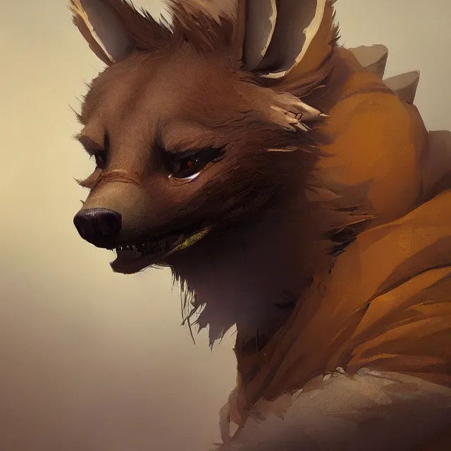 Prompt: a beautiful painting of a handsome male anthropomorph brown hyena furry fursona wearing a hoodie. character design by cory loftis, fenghua zhong, ryohei hase, ismail inceoglu and ruan jia. artstation, volumetric light, detailed, photorealistic, rendered in octane