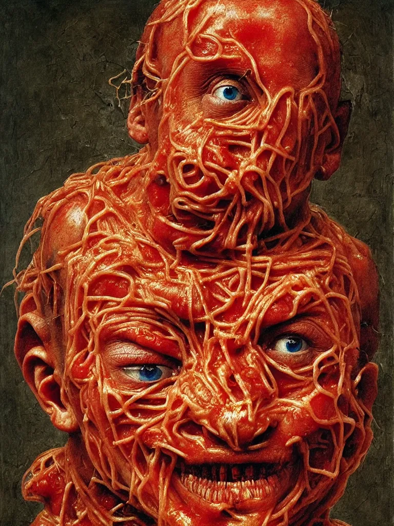 Image similar to half boy half rhino made of spaghetti and tomato sauce, looking straight into camera, screaming in pain, by giuseppe arcimboldo and ambrosius benson, renaissance, fruit, intricate and intense oil paint, a touch of beksinski and hr giger and edward munch, realistic