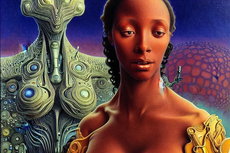 Image similar to realistic extremely detailed portrait painting of a beautiful black woman with a robot, futuristic sci-fi landscape on background by Jean Delville, Amano, Yves Tanguy, Mark Brooks, Alphonse Mucha, Ernst Haeckel, Edward Robert Hughes, Roger Dean, rich moody colours, blue eyes