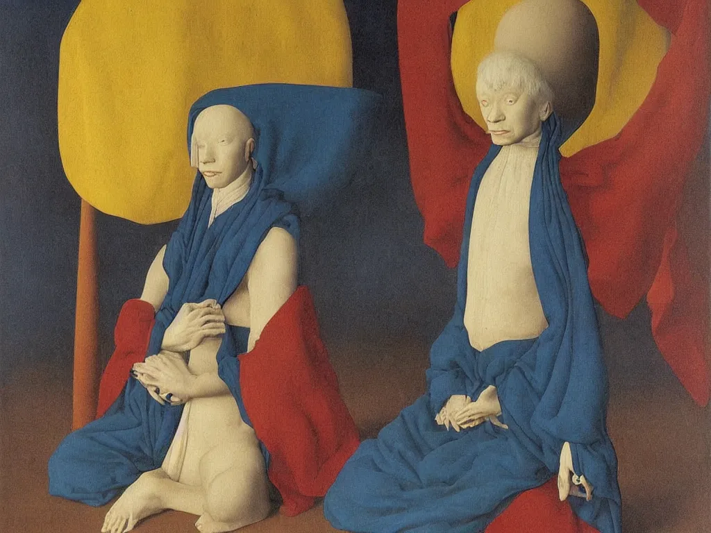 Image similar to Portrait of albino mystic with blue eyes, sitting in Zen meditation. Painting by Jan van Eyck, Audubon, Rene Magritte, Agnes Pelton, Max Ernst, Walton Ford