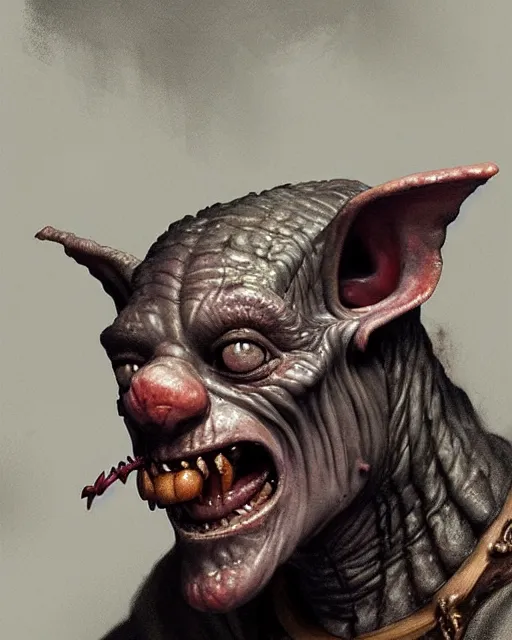 Prompt: closeup profile face portrait of a medieval goblin eating cakes in the cathedral, beautiful face, hyper realistic, highly detailed, digital painting, artstation, illustration, concept art by hyung tae, frank frazetta, bosch, giger, digital paint, matte paint, washed colors, dark, gloomy, detailed and intricate environment