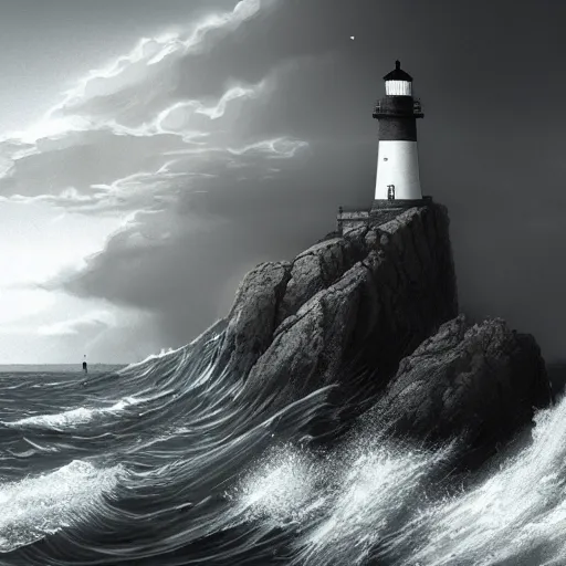 Image similar to lighthouse, ocean, two loons, crashing waves, light, black and white, tattoo art, dramatic lighting, illustration by Greg rutkowski, yoji shinkawa, 4k, digital art, concept art, trending on artstation