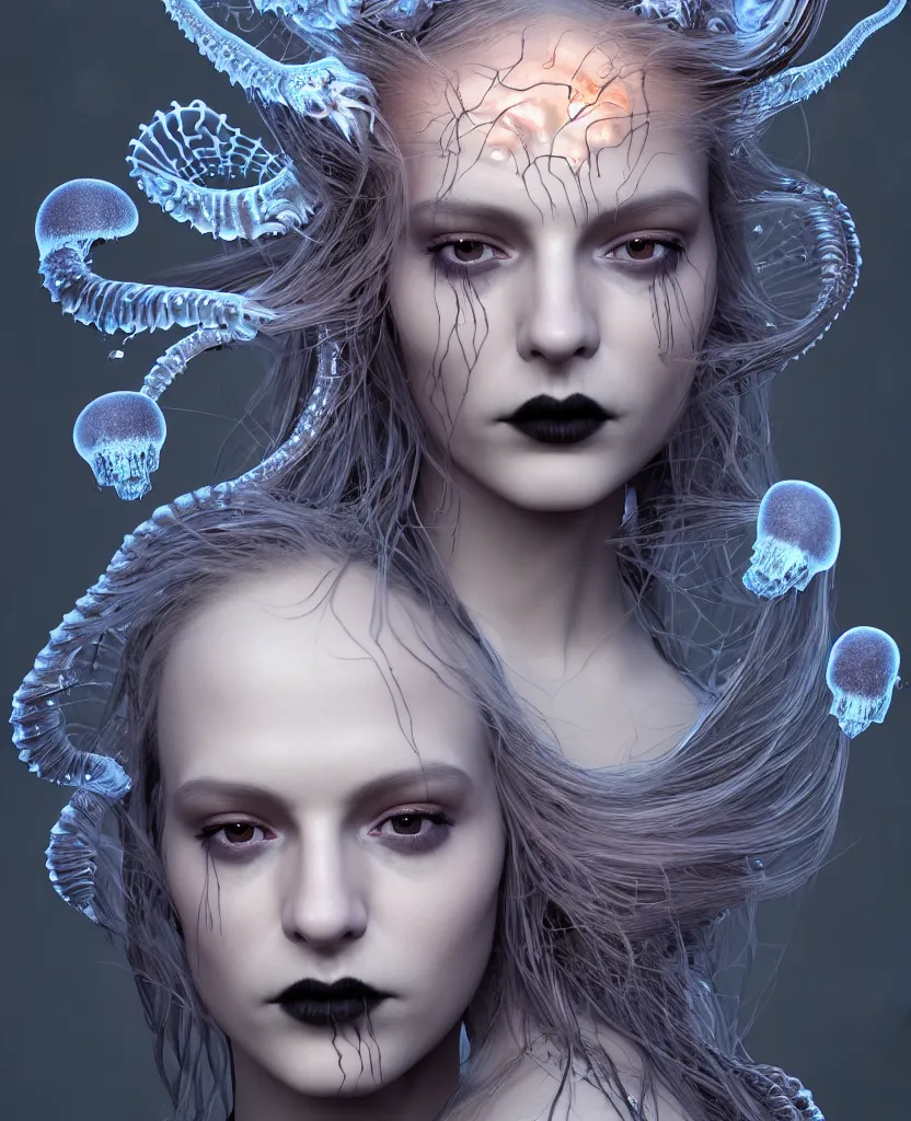 Image similar to close-up portrait of the face of a beautiful gloomy gothic princess, epic angle and pose, symmetrical artwork, 3d with depth of field, blurred background, cybernetic jellyfish female face skull phoenix bird, translucent, nautilus, energy flows of water and fire. a highly detailed epic cinematic concept art CG render. made in Maya, Blender and Photoshop, octane render, excellent composition, cinematic dystopian brutalist atmosphere, dynamic dramatic cinematic lighting, aesthetic, very inspirational, arthouse. y Greg Rutkowski, Ilya Kuvshinov, WLOP, Stanley Artgerm Lau, Ruan Jia and Fenghua Zhong