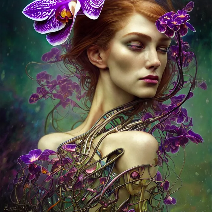 Image similar to psychedelic organic cyborg orchid in heavy wind and rain, diffuse lighting, fantasy, intricate, elegant, highly detailed, lifelike, photorealistic, digital painting, artstation, illustration, concept art, smooth, sharp focus, art by John Collier and Albert Aublet and Krenz Cushart and Artem Demura and Alphonse Mucha