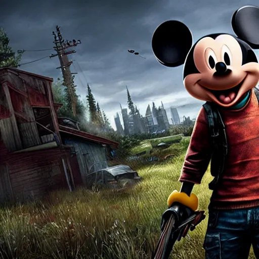 Prompt: mickey mouse as a the last of us character, with a shotgun