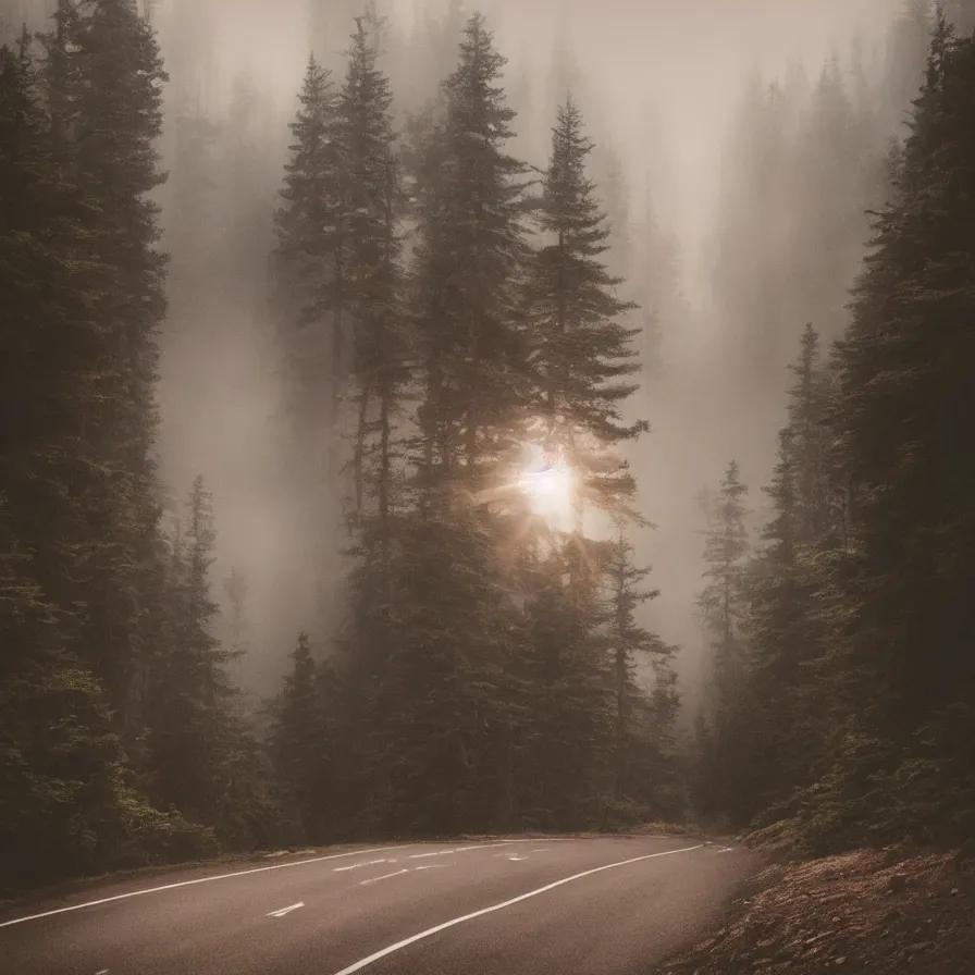 Prompt: award winning artwork of the atmospheric indie album titled :'the road down the coast '. sunrise, forests, rocky mountains, misty morning