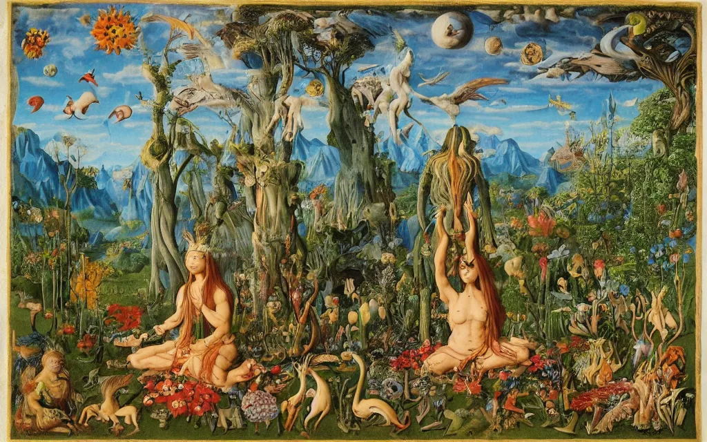 Prompt: a photograph of a meditating centaur shaman and a harpy mermaid feeding animals. surrounded by bulbous flowers, animals and a few trees. river delta with mountains and cliffs under a blue sky full of burning stars and birds. painted by jan van eyck, max ernst, ernst haeckel, ernst fuchs and artgerm. trending on artstation