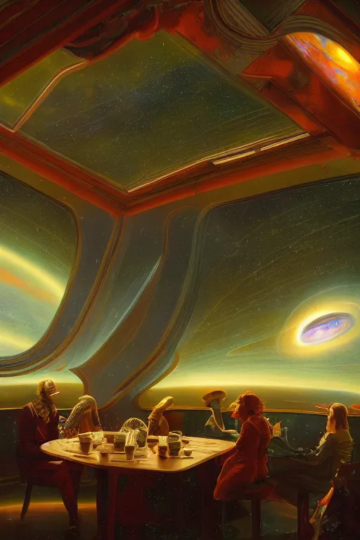 Prompt: a beautiful cinematic view of a large cozy cafe filled with alien humanoids and tropical plants, stars and nebulas through the windows, moebius, thomas cole, patrick markle, oil on canvas, 8 k, 4 k, highly detailed