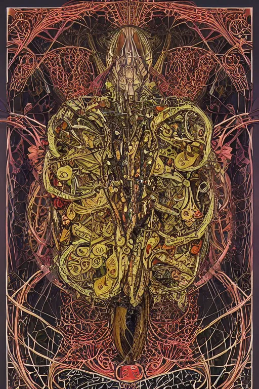 Image similar to intricate atomical skeleton of a crow, crow skull, background consists of interwoven varities of superhot chili peppers, bhut jolokia, carolina reaper, trinidad scorpion, voronoi, fibonacci sequence, leaves, by Moebius, Alphonse Mucha, peter mohrbacher, hiroshi yoshida, Art Nouveau, cgsociety, concept art, tweed colour scheme, psychedelic, complementary colour scheme, 3d