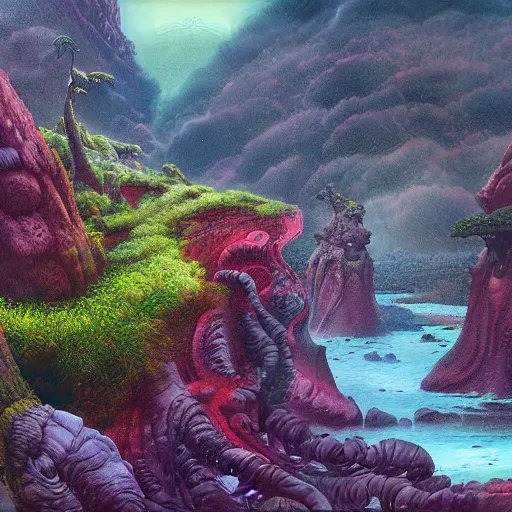 Image similar to digital painting of a lush wet natural scene on an alien planet by gerald brom. digital render. detailed. beautiful landscape. colourful weird vegetation. cliffs.