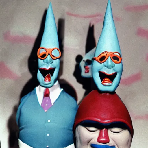 Image similar to polymer clay coneheads rioting in new york, detailed facial expressions, 1 9 8 0 s aesthetic