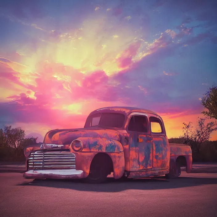 Image similar to a sunset light landscape with historical route 6 6, lots of sparkling details and sun ray ’ s, blinding backlight, smoke, volumetric lighting, colorful, octane, 3 5 mm, abandoned gas station, old rusty pickup - truck, beautiful epic colored reflections, very colorful heavenly, softlight