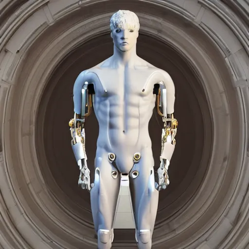 Image similar to statue of white marble with gold veins of strong attractive futuristic cybernetic man adonis posing, hyper realistic, transhumanism, full body shot, perfect symmetrical body, perfect symmetrical face, hyper detailed, by johannen voss, by peter kemp, by monia merlo, by michelangelo octane render blender, 8 k