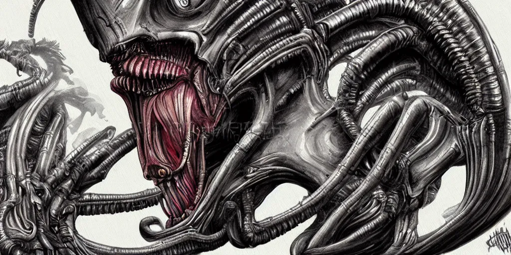 Prompt: xenomorph inspired buffalo, in the style of H.R. Giger, digital art