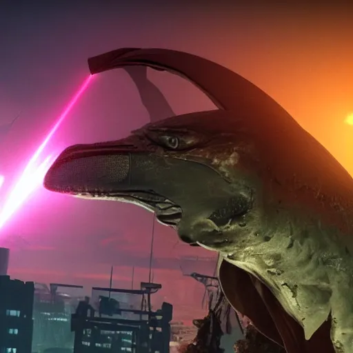 Image similar to a closeup portrait of a pterodactyl shooting lasers from is eyes flying over a destroyed city cyberpunk, fantasy, 4 k, octane render