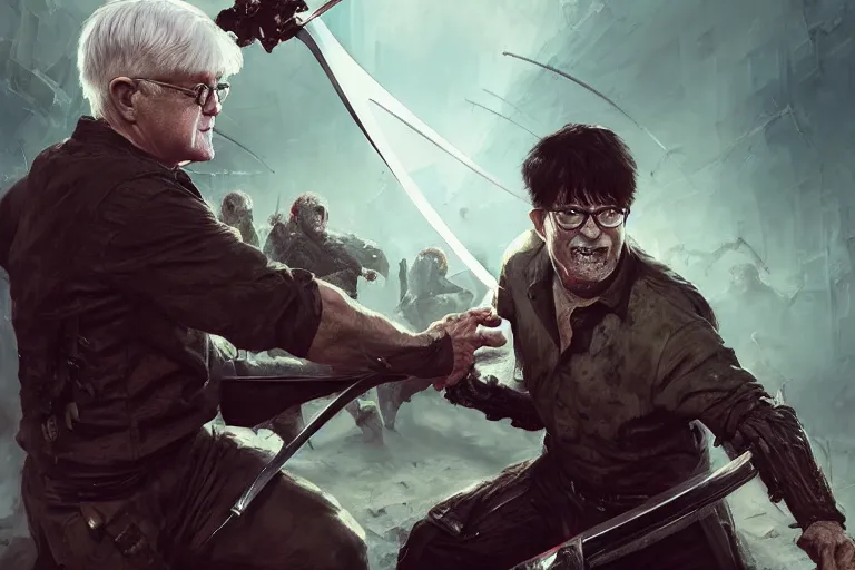 Image similar to portrait of phil donahue with a broadsword, fighting a zombie horde, charlie bowater, artgerm, ilya kuvshinov, krenz cushart, ruan jia, realism, ultra detailed, 8 k resolution