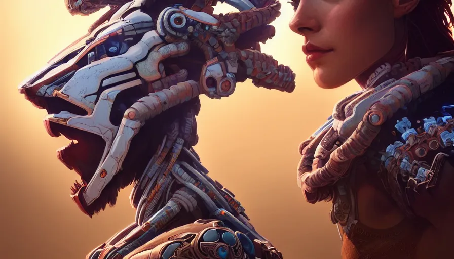 Image similar to symmetry!! portrait of machine from horizon zero dawn, intricate, elegant, highly detailed, digital painting, artstation, concept art, smooth, sharp focus, illustration, art by artgerm and greg rutkowski and alphonse mucha, 8 k