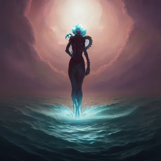 Prompt: in the style of Steve Niles, Peter Mohrbacher and artgerm, Chtulhu rising from the water,, Lovecraftian, ocean, night, storm, lighting, terror, horror