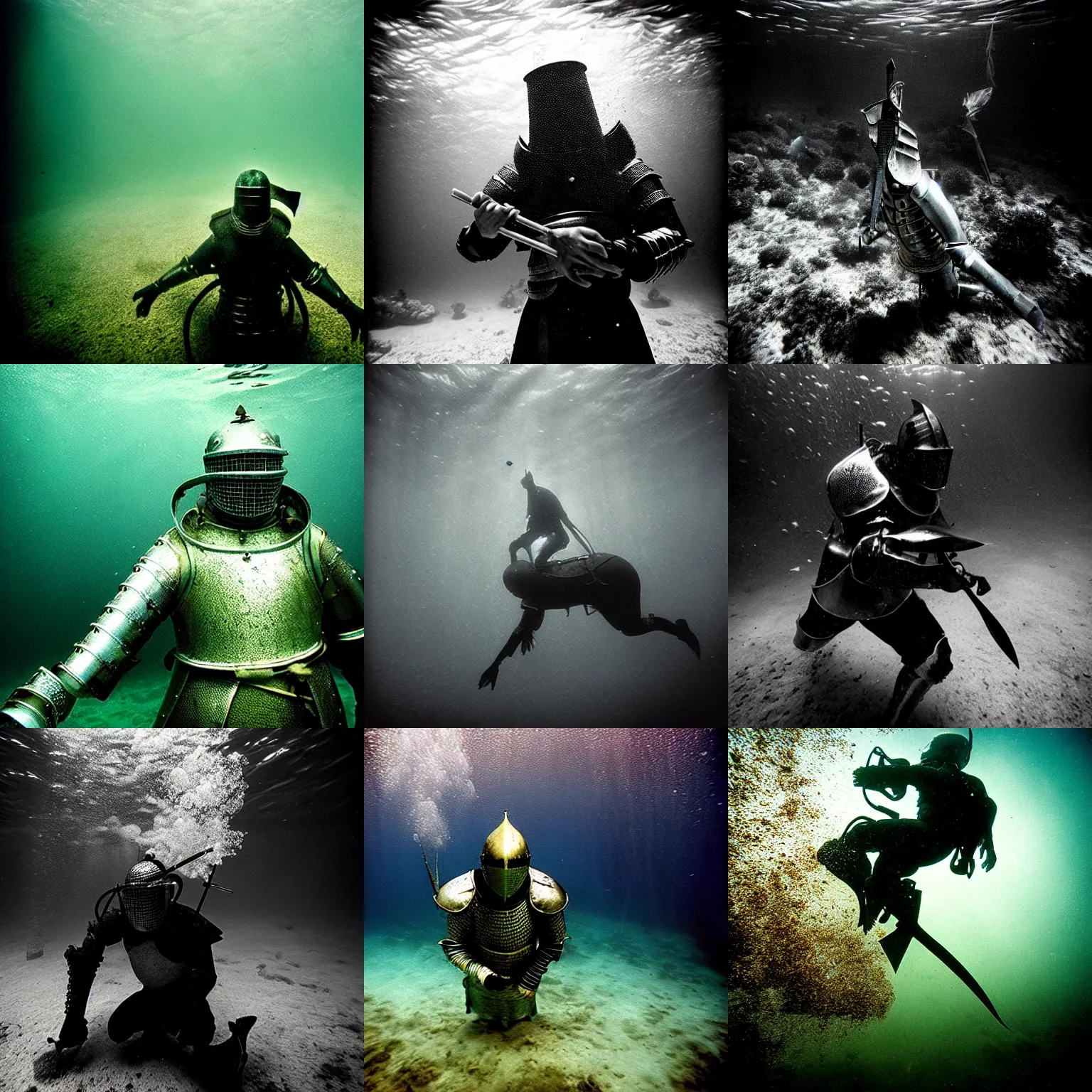 Prompt: Underwater photo of a stunning medieval knight by Trent Parke, close up, clean, detailed, Magnum photos