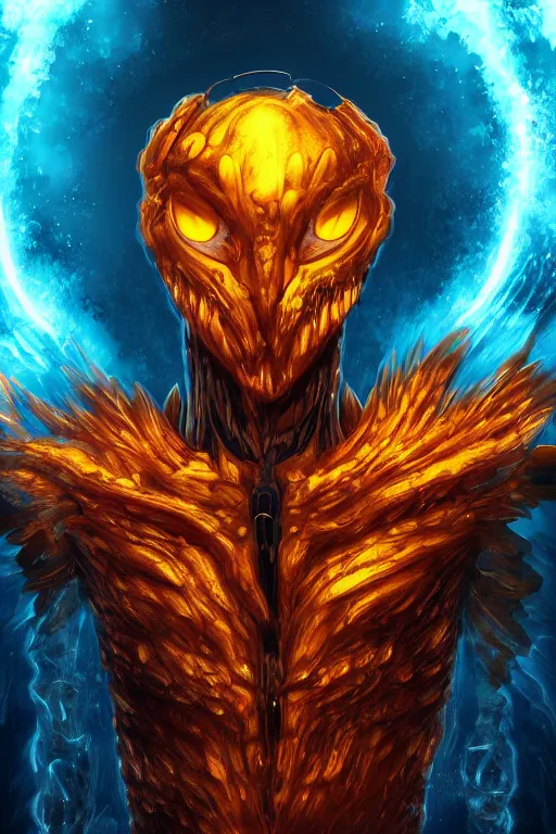 Image similar to a humanoid figure antimatter energy monster, amber eyes, highly detailed, digital art, sharp focus, ambient glow, trending on art station, anime art style