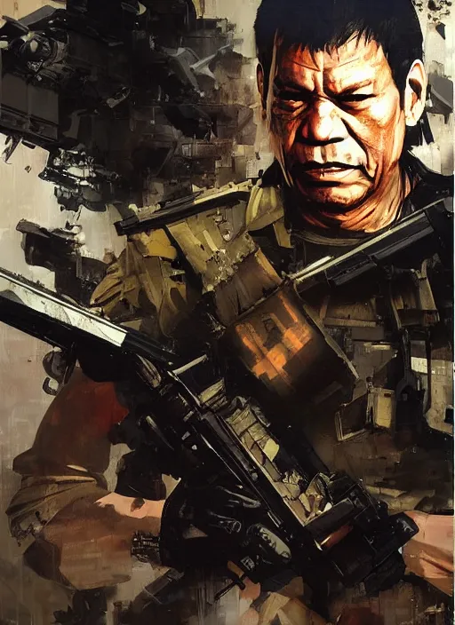 Prompt: Rodrigo Duterte wearing metal gear armor holding a shotgun dramatic lighting art by Yoji Shinkawa by Richard Schmid by greg rutkowski by Sandra Chevrier by Jeremy Lipking cinematic dramatic