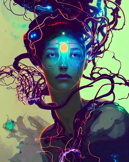 Image similar to cyborg beauty portrait, energy aura, tangled vines and cables sparking electrical flares, peter mohrbacher, ross tran, ismail inceoglu, sylvain sarrailh