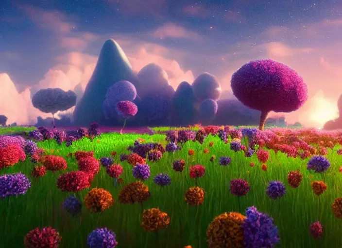 Image similar to flowerfield on a luminescent crystal biome that looks like a movie shot by pixar, ultra detailed, fantasy, hyper realism, art, smooth, beautiful art, masterpiece, landscape, cinematic, wet reflections, ray tracing x, rtx, smooth