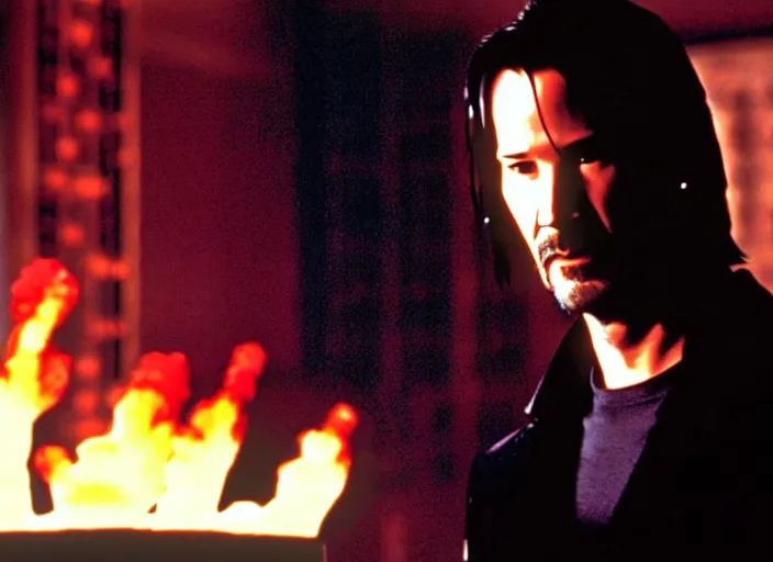 Image similar to Movie still of Keanu Reeves as Neo in The Matrix movie doing a thumb up to the camera in front on burning servers, servers in flames in the background, doing a thumb up, The Matrix servers on fire, Keanu Reeves thumb up, Neo thumb up, doing a thumb up, thumb up, uncropped, full body, crispy, symmetrical face, ultra detailed, cinematic, thumb up, double thumb up to the camera