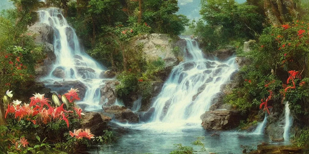 Image similar to scene of dreamlike cascading waterfalls, lilies, naturalistic art, by frederic edwin church,