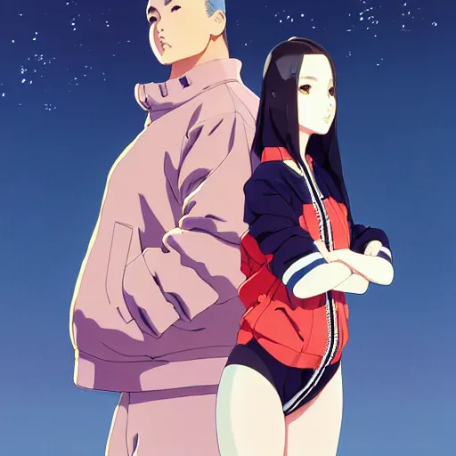 Image similar to a beautiful plus sized model japanese natalie portman, alluring, wearing oversized mayan bomber jacket and leotard with overalls, bulky poofy bomber jacket with mayan patterns, aztec street fashion, gapmoe yandere grimdark, trending on pixiv fanbox, painted by greg rutkowski makoto shinkai takashi takeuchi studio ghibli, akihiko yoshida