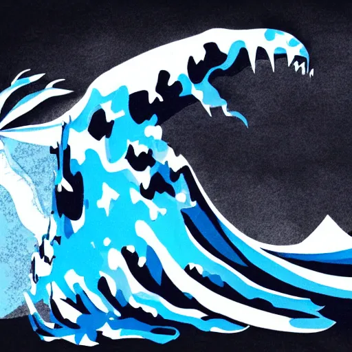 Image similar to a blue water wave in the silhouette shape of Godzilla, cartoon drawing