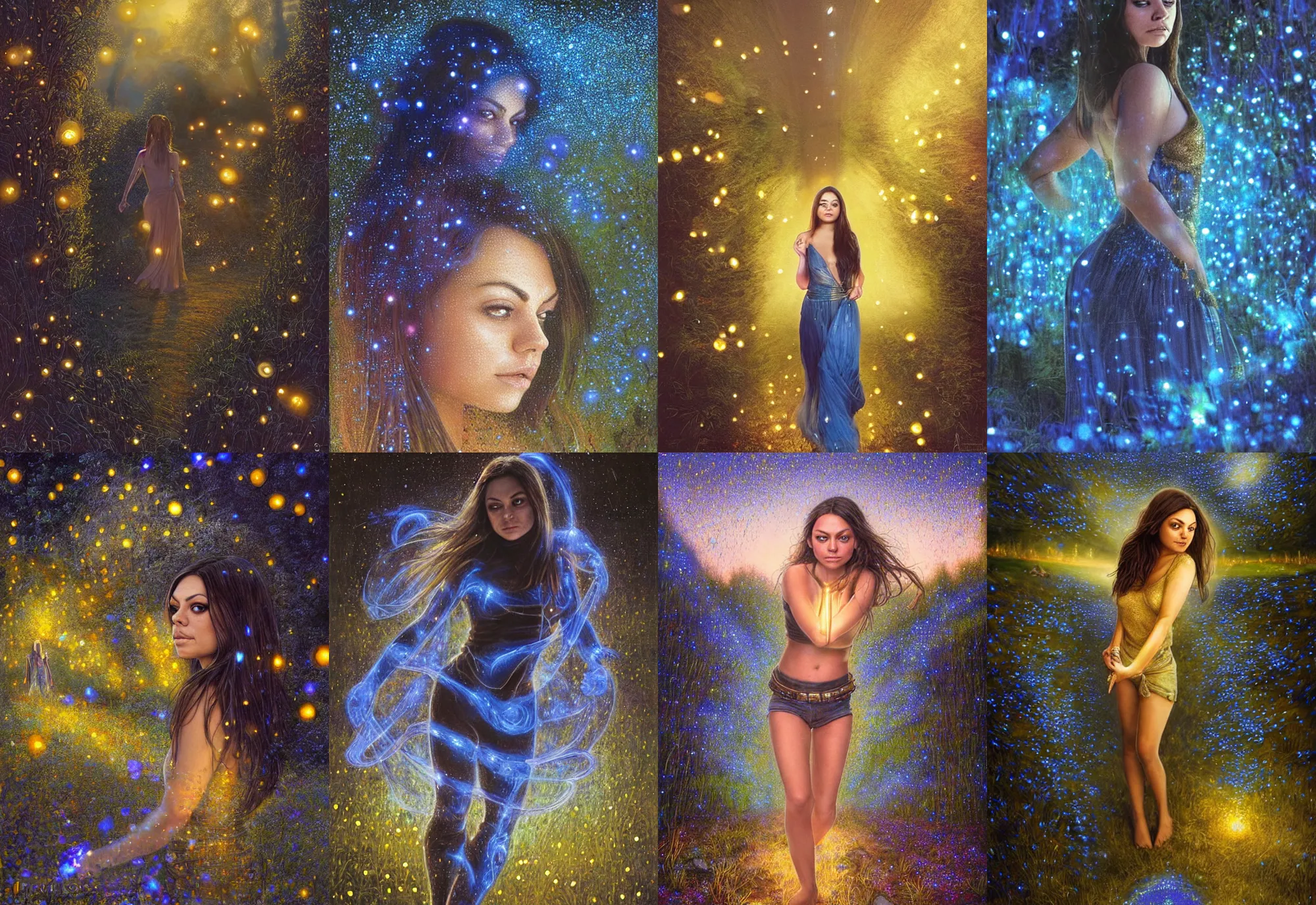 Image similar to beautiful portret of mila kunis as a robot walking through blue glowing fireflies, epic vista dark ruins castle stones, 2 0 0 mm focal length, sundown, golden hour firefly wisps, steve hanks, charlie bowater, steve henderson, justin gerard, mark keathley, victor nizovtsev, ross tran, wlop, hajime sorayama