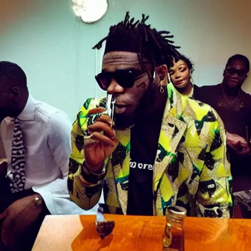 Image similar to burna boy, at church, rolling a cigarette, with a bottle of liquor next to him