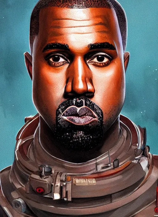 Image similar to pinted portrait of kanye west as a dieselpunk astronaut by greg rutkowski, he is about 3 0 years old, short blond hair, athletic and strong, straight jaw, wearing futuristic space gear, highly detailed portrait, digital painting, artstation, concept art, smooth, sharp foccus ilustration, artstation hq.