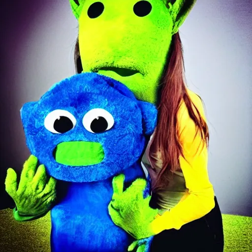 Image similar to “ green alien with yellow shirt and blue pants standing next to a blue furry monster and making silly faces ”