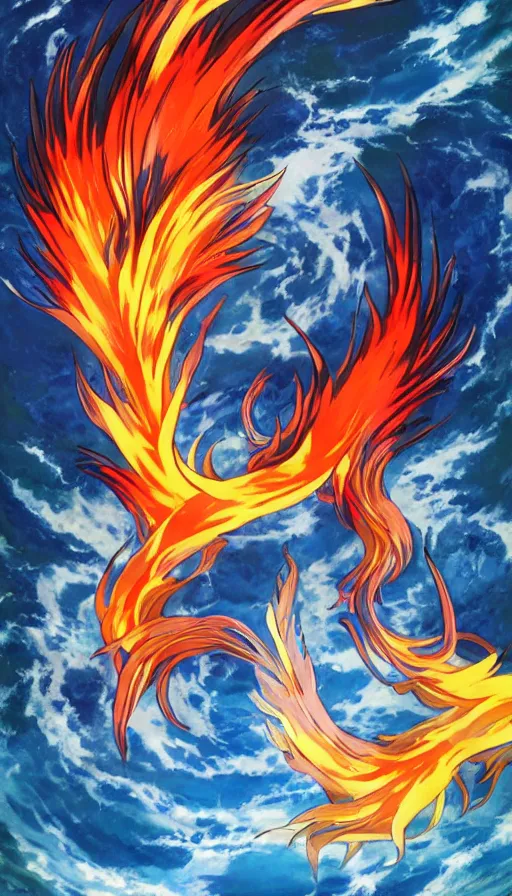 Image similar to a high quality anime still of fire and water mixing together, conveying a sense of balance inspired by the Temperance tarot card,