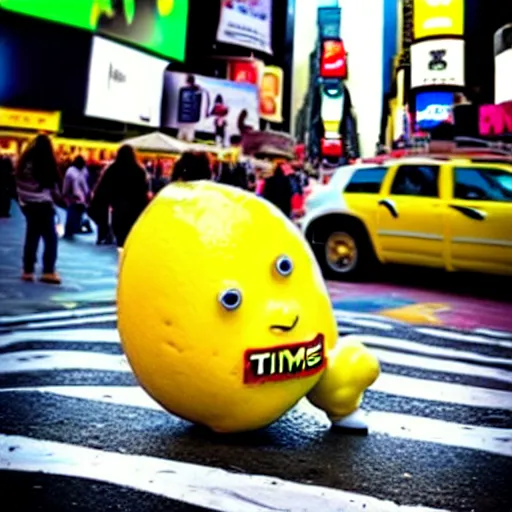 Image similar to a cool lemon riding a skateboard in times square new york