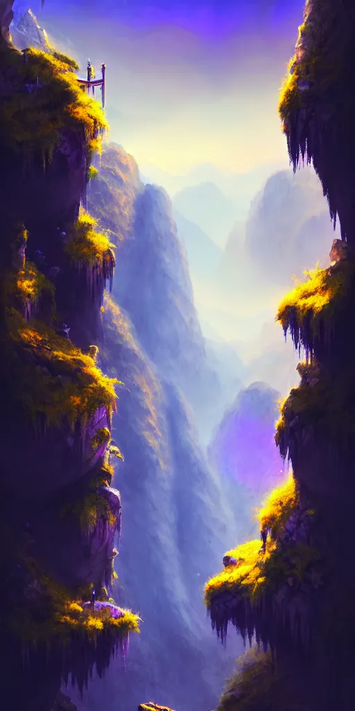 Image similar to Gorge in the mountain, white stone temple ruins, night dramatic lighting, blue, yellow and purple tones, wide camera angle, matte painting, trending on ArtStation, concept art, delightful surroundings, high detail, sharp contrast, picturesque