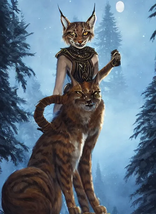 Image similar to lynx holding a golden intricately decorated shiny scepter, night, spruce trees on the sides, mountains in the background, eerie dark atmosphere, moonlit, back light, fantasy art by charlie bowater and yoshitaka amano, trending on artstation