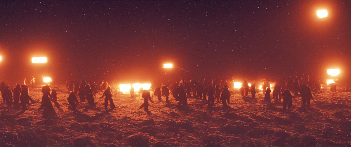 Image similar to filmic extreme close up shot movie still 4 k uhd exterior shot 3 5 mm film color photograph of a terrifying crowd of people attacking each other with tentacles and blood running in terror around mcmurdo station in antartica at night with the northern lights lighting up the sky, in the style of the horror film the thing 1 9 8 2