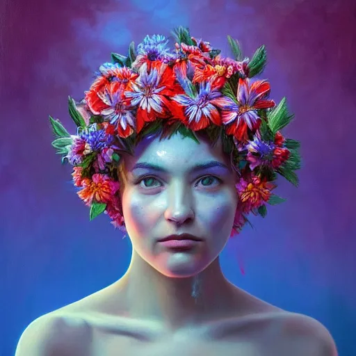 Image similar to a beautiful oil painting hyperrealism of a beautiful woman, flowers, floral headdress, 8 k resolution, octane render, trending on artstation, by gediminas pranckevicius, volumetric light 2 blue fractal thunder glow by dan mumford, anaglyph effect, laurie lipton