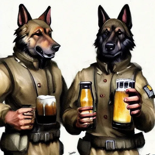 Image similar to two humanoid german shepherds beast - men in military style, they holding a beer, artstation, concept art, smooth, sharp foccus ilustration, artstation