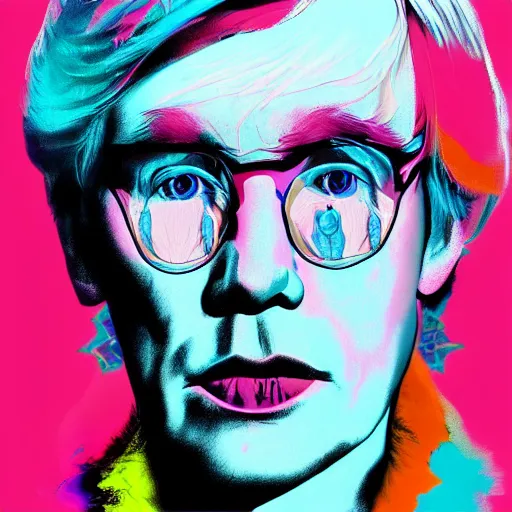 Image similar to An extremely psychedelic portrait of Andy Warhol, surreal, LSD, face, detailed, intricate, elegant, lithe, highly detailed, digital painting, artstation, concept art, smooth, sharp, magical, Occult, focus, illustration