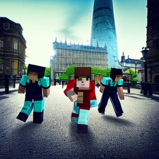 Image similar to photo of life like minecraft characters walking on london streets and scaring people