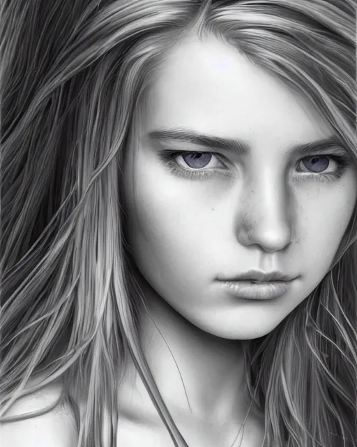 Image similar to portrait of 1 6 - year - old woman with dirty blonde hair down to her waist, pale eyebrows and protuberant silver eyes, wearing white shirt, hyper realistic face, beautiful eyes, character art, art by mark brooks, hyperdetailed, cryengine, trending on artstation, digital art