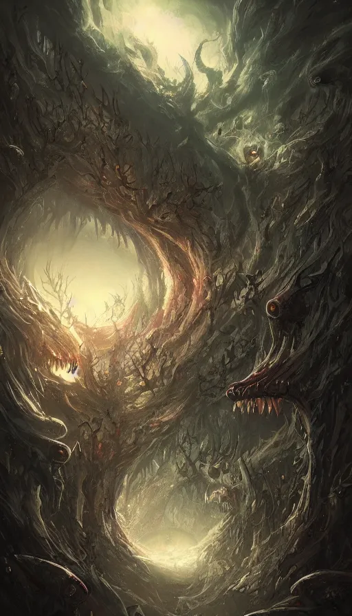 Prompt: a storm vortex made of many demonic eyes and teeth over a forest, by ross tran